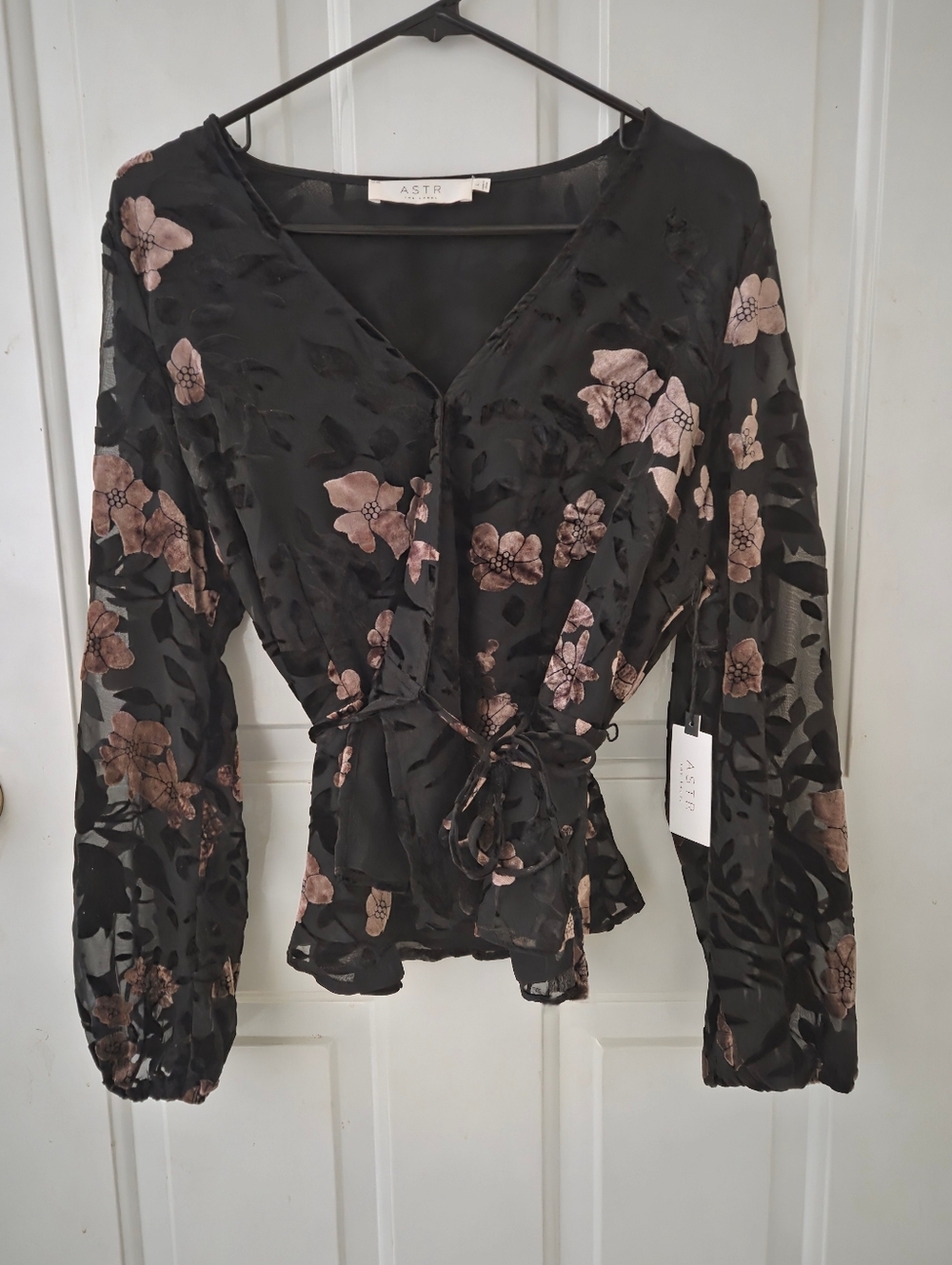 Astr Black Floral Wrap Blouse Large